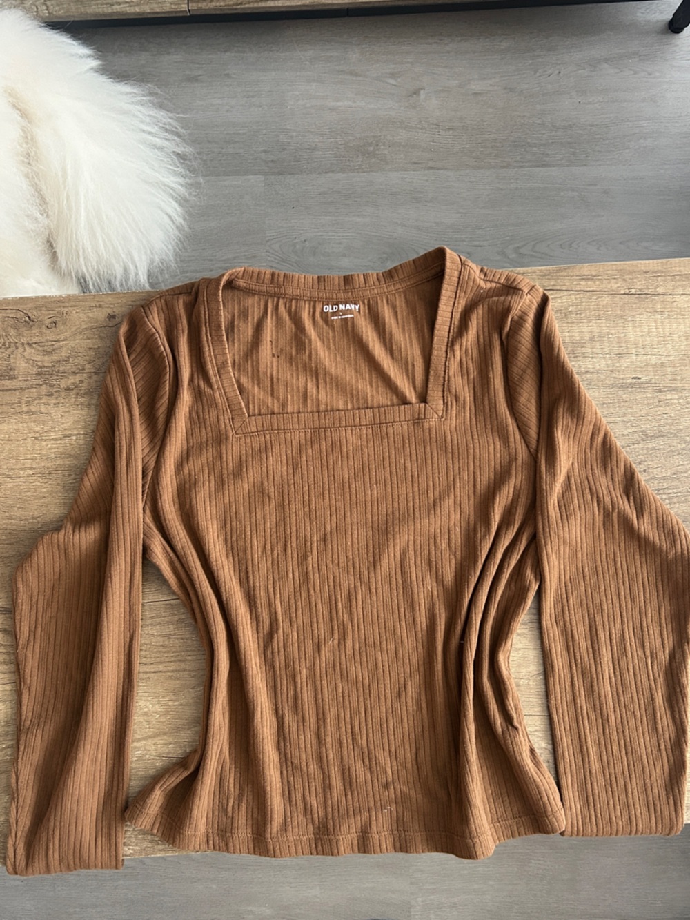 Square Neck Ribbed Long Sleeve Top in Warm Caramel